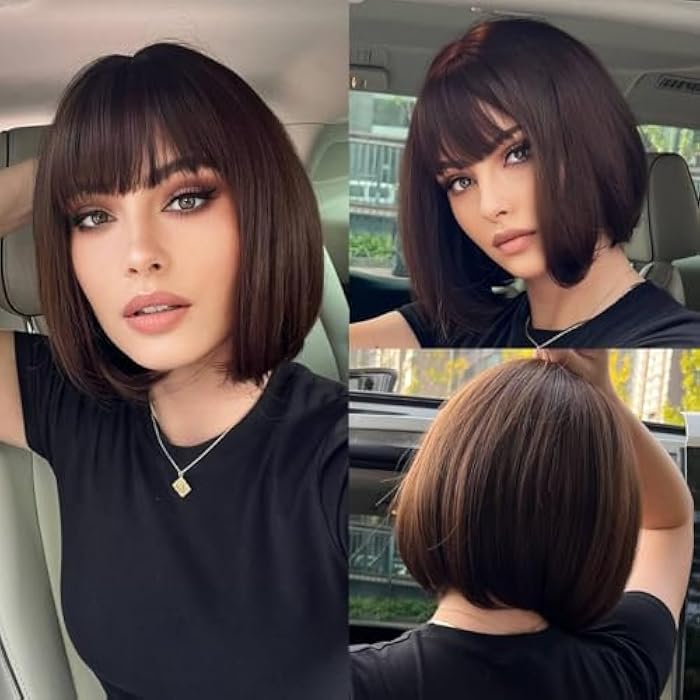 Short Bob Wig With Bangs, Natural Dark Brown Synthetic Hair, Shoulder Length Straight Cut, Heat Resistant, Daily Wear Style